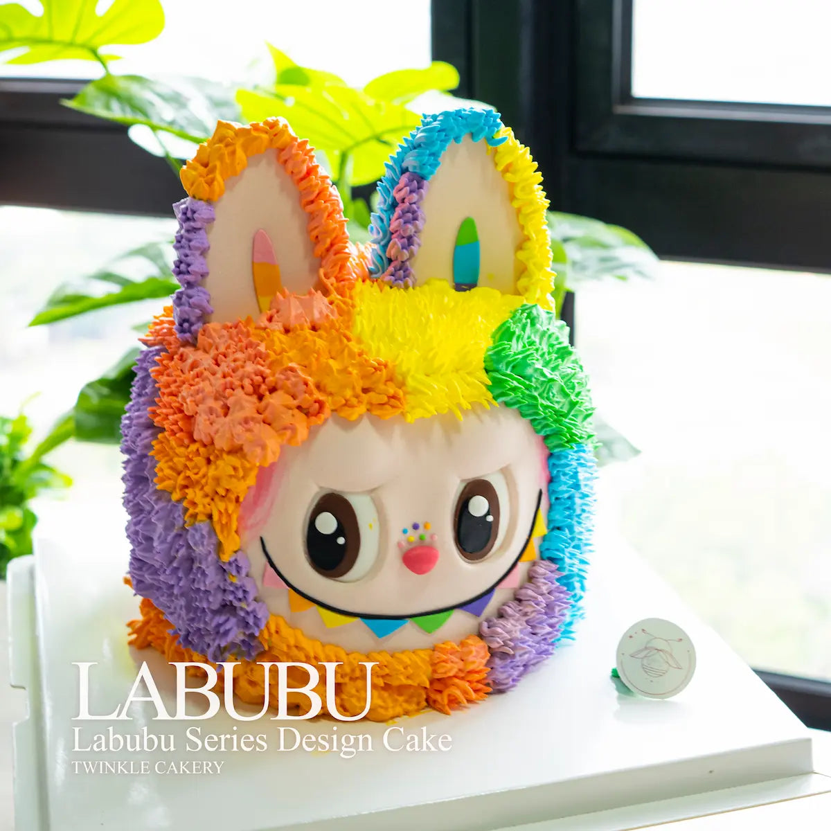 Colorful cake designed like a cartoon character with 'LABUBU' branding. Delivery across selangor