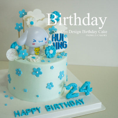 Cinnamoroll birthday cake with blue frosting and floral details - Sanrio character cake KL