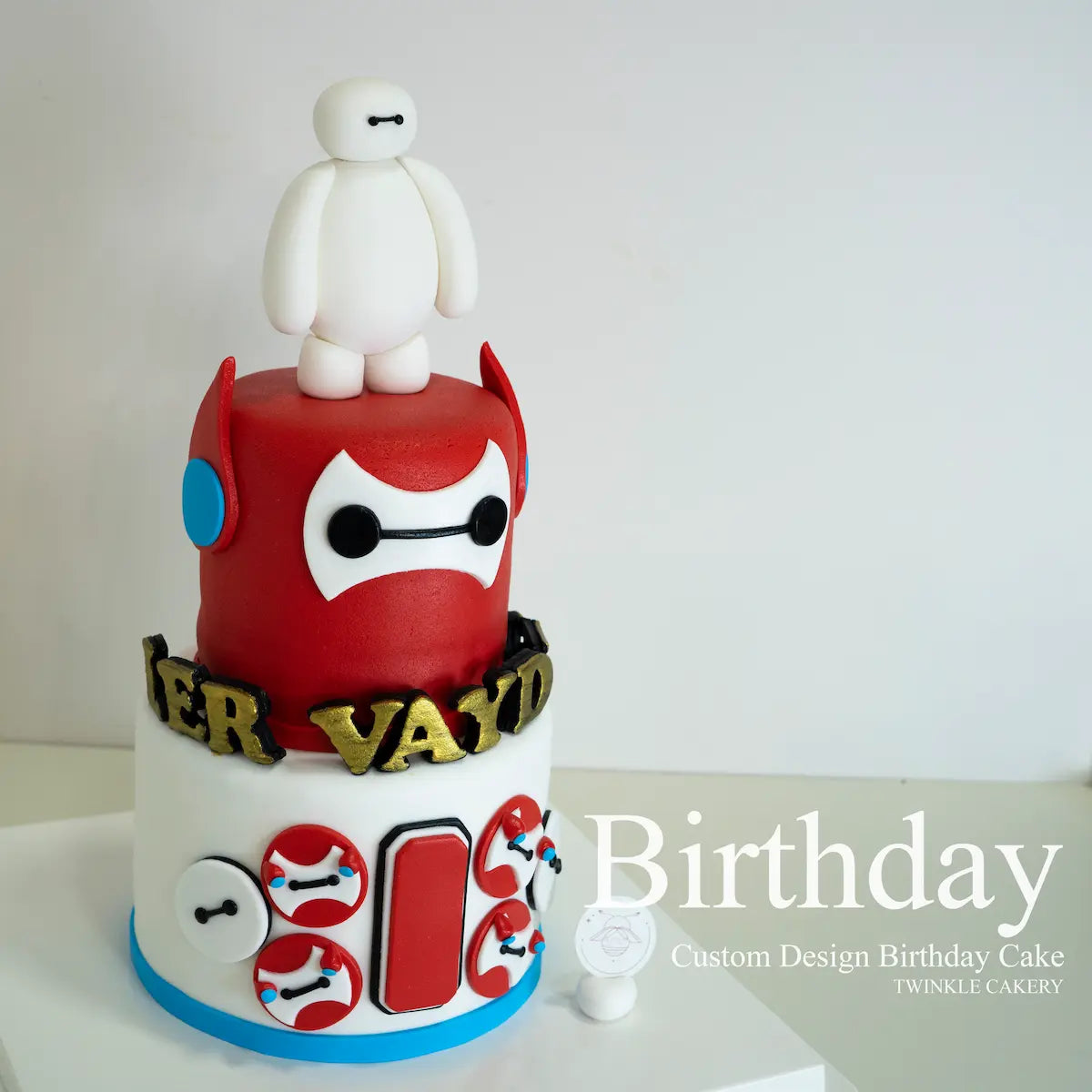 Two-tier Baymax birthday cake with red ribbon - Big Hero 6 themed cake KL/Selangor