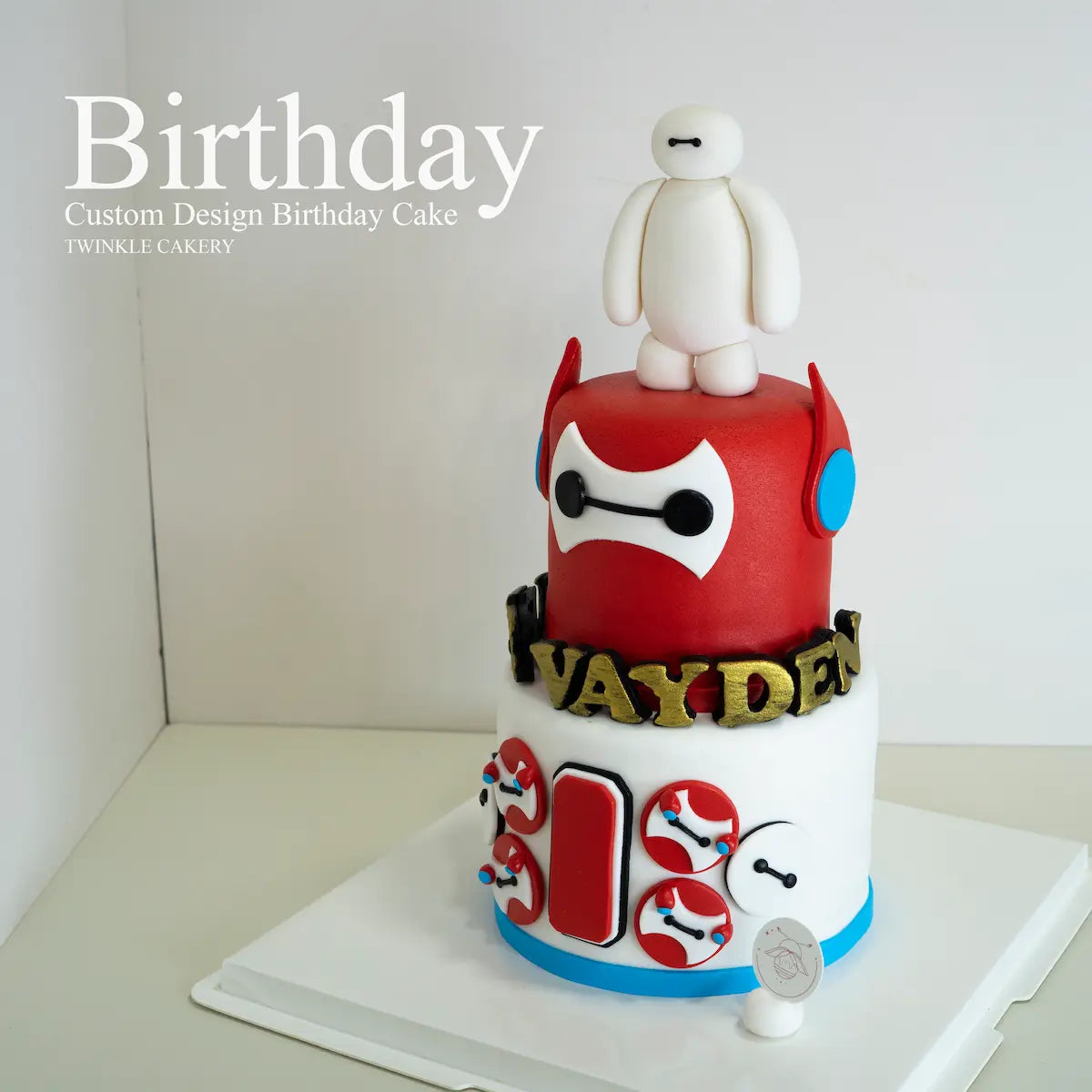 Two-tier Baymax birthday cake with red ribbon - Big Hero 6 themed cake KL/Selangor