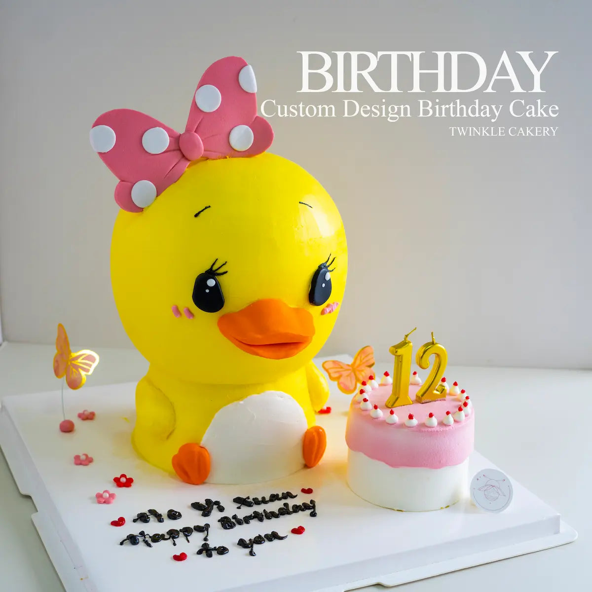 Personalized yellow duck cake with child's name written on cake - Twinkle Cakery - Selangor Delivery