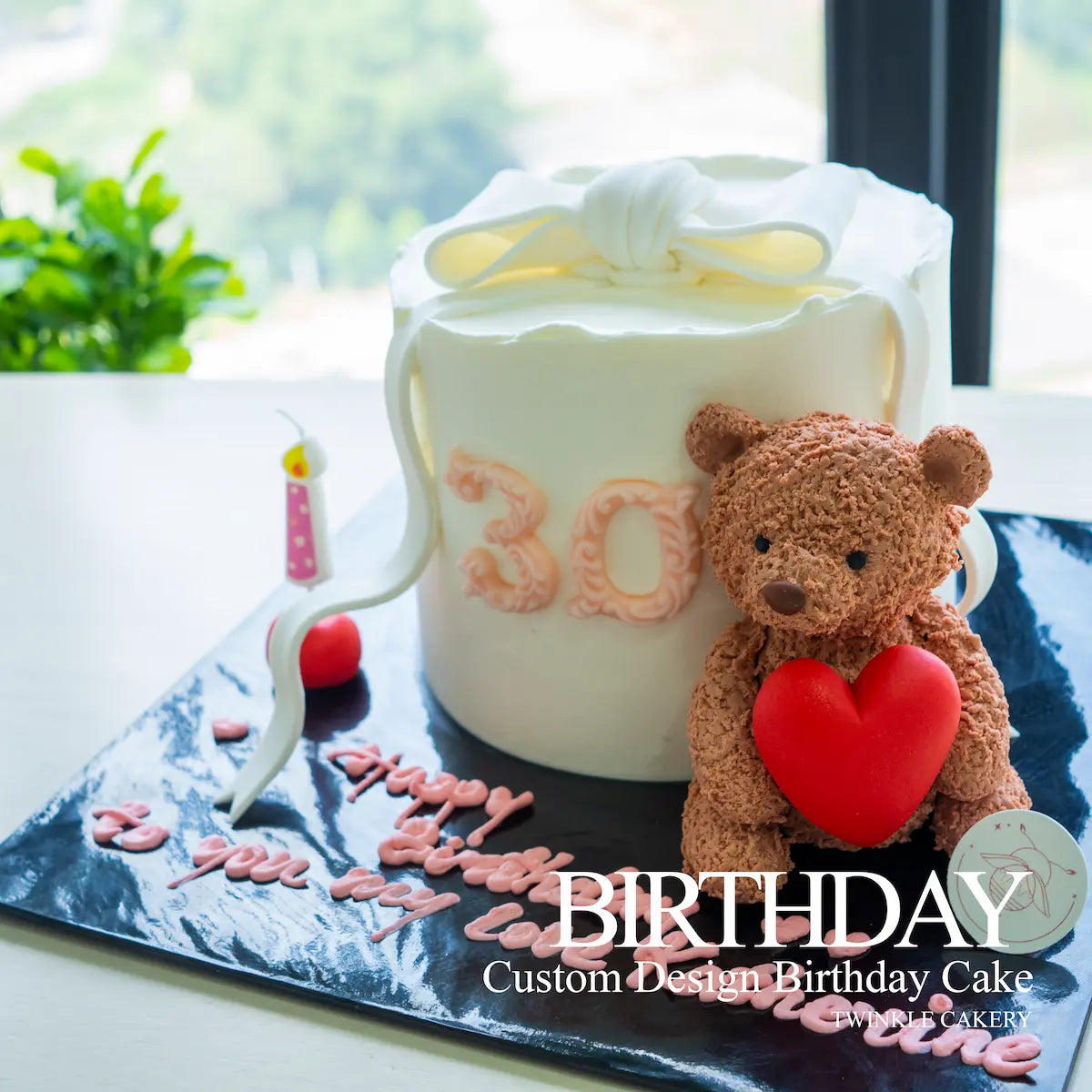 Birthday cake with teddy bear and 'Happy Birthday' text, featuring a custom design. Delivery across Selangor