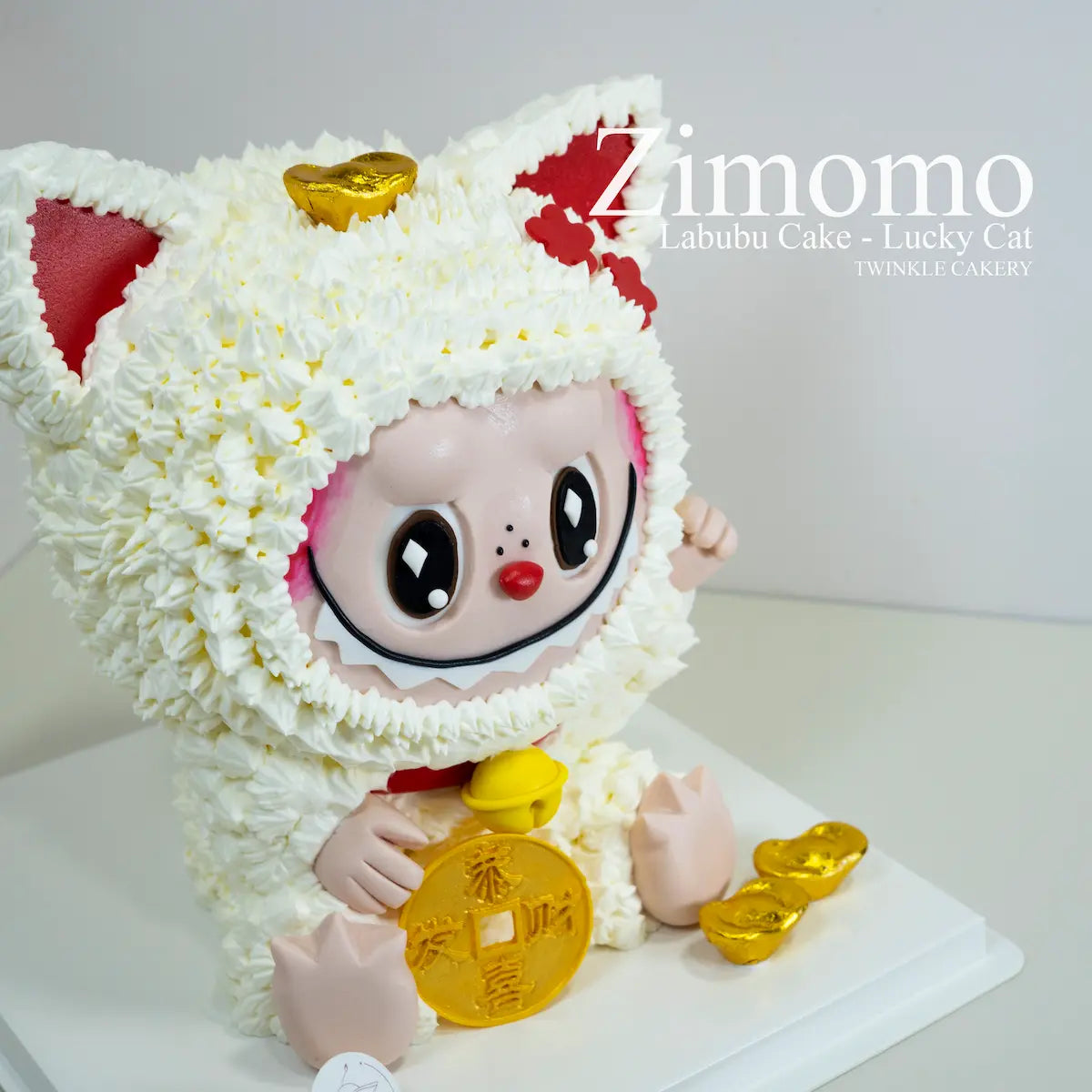 Labubu Lucky Cat fortune cake with gold details - Custom prosperity cake KL/Selangor