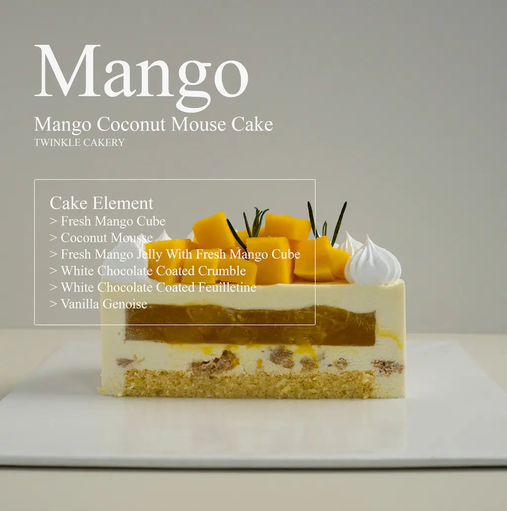 Cross section slice showing clean layers of silky mango jelly and light coconut mousse cake base.