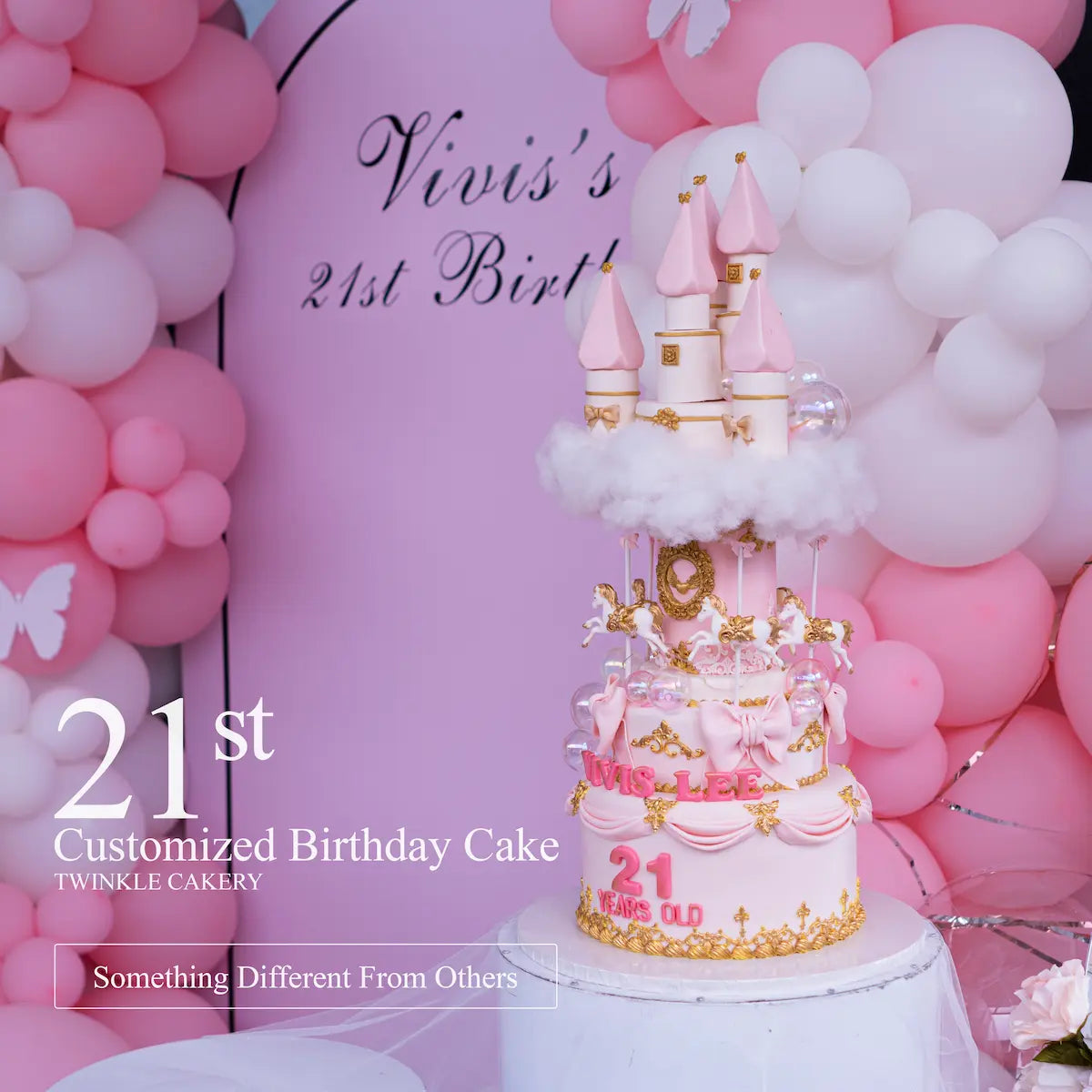 pink 3D merry-go-round castle cake with 3D horses - Princess birthday cake KL/Selangor