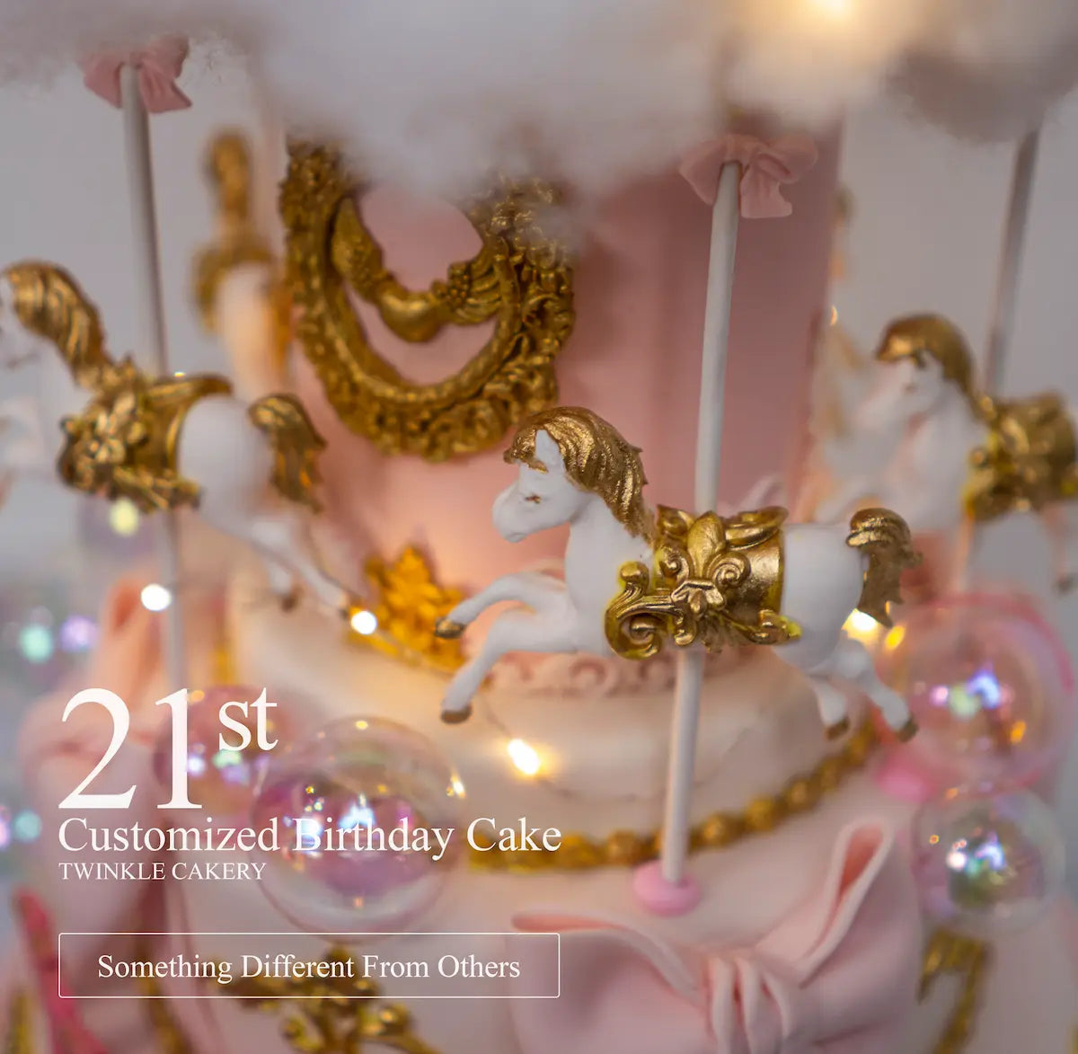 pink 3D merry-go-round castle cake with 3D horses - Princess birthday cake KL/Selangor