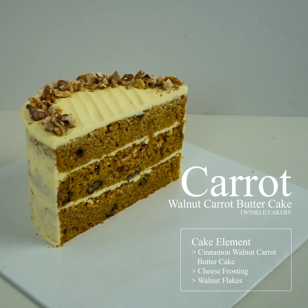 A sliced layer of moist carrot walnut butter cake showing dense crumb texture and thick cream cheese frosting filling.