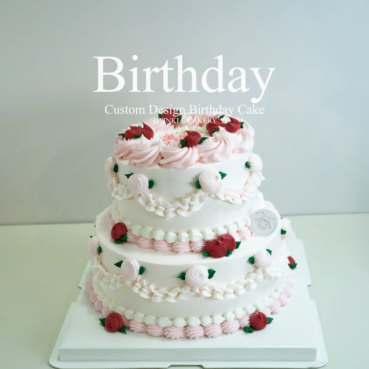 Elegant 2-tier birthday cake for moms with red & pink flowers - KL/Selangor delivery