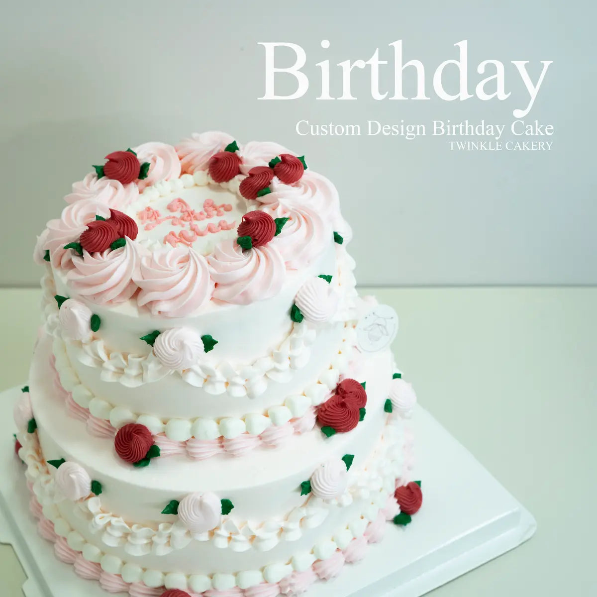 Elegant 2-tier birthday cake for moms with red & pink flowers - KL/Selangor delivery