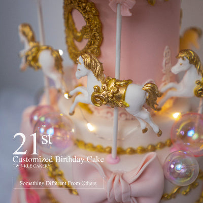 Orange 3D merry-go-round castle cake with 3D horses - Princess birthday cake KL/Selangor