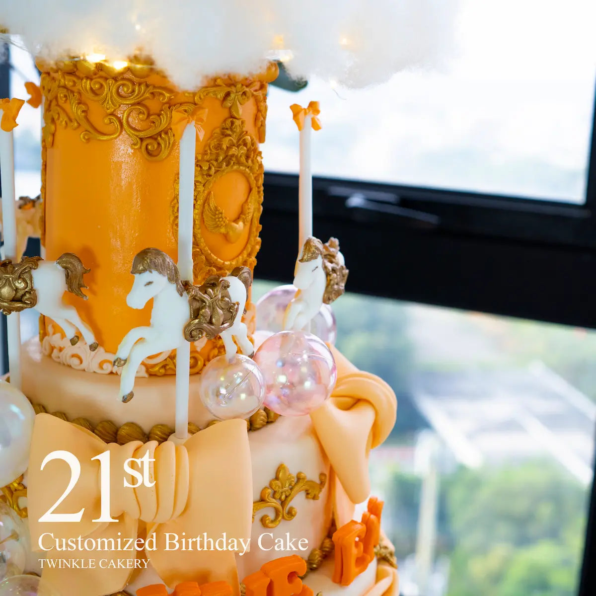 Orange 3D merry-go-round castle cake with 3D horses - Princess birthday cake KL/Selangor