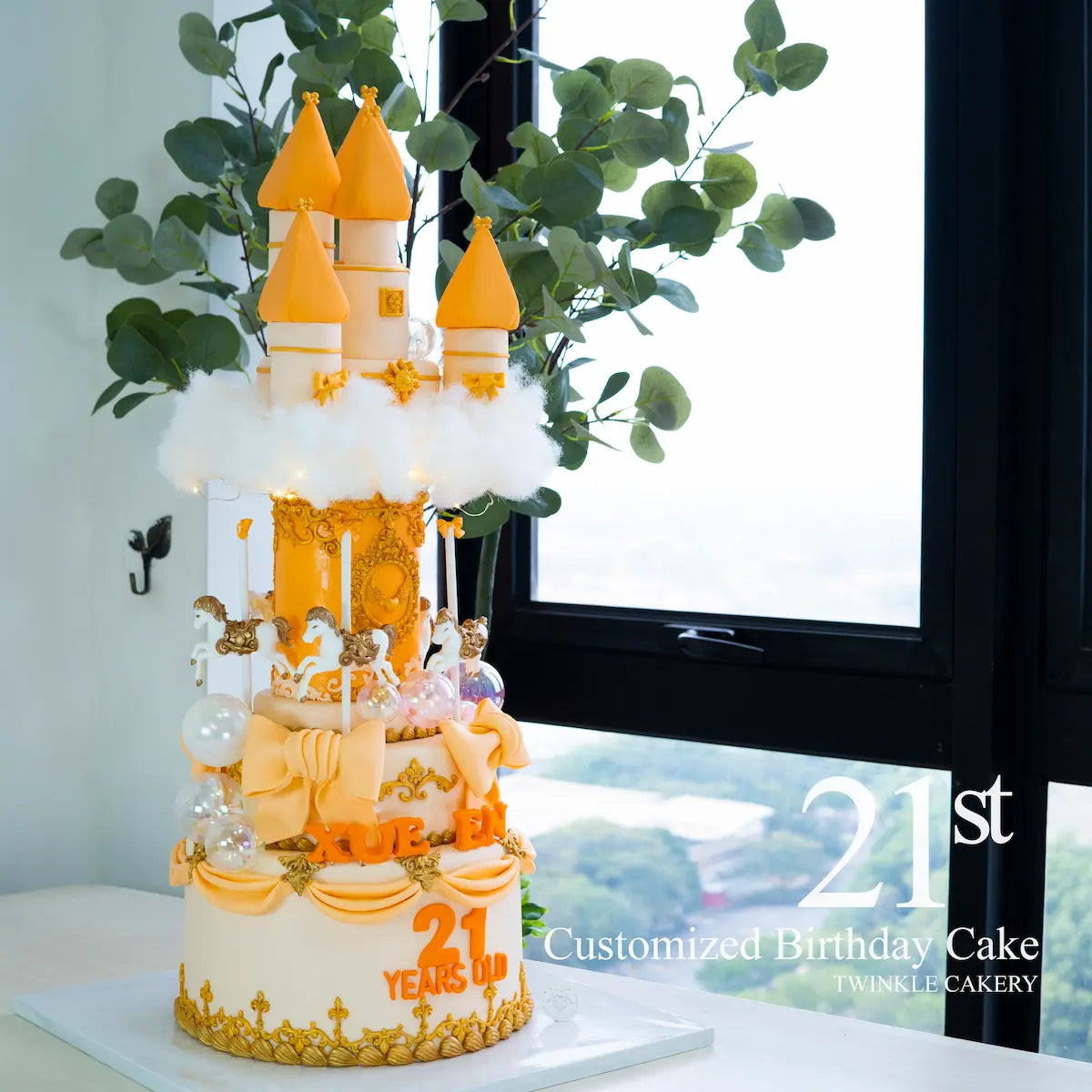 Orange 3D merry-go-round castle cake with 3D horses - Princess birthday cake KL/Selangor