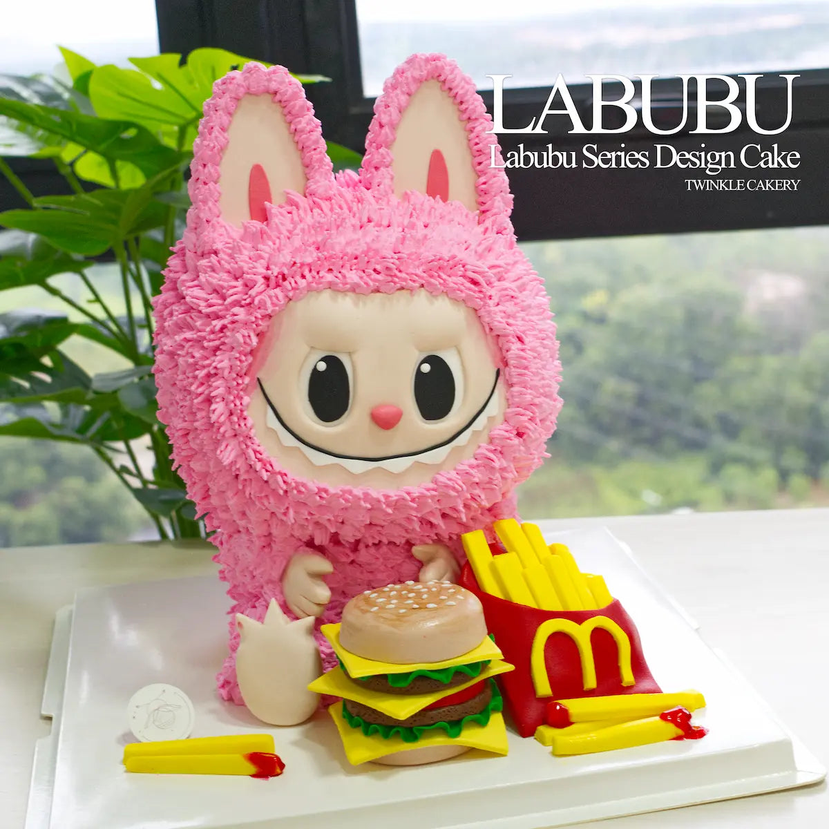 Pink Labubu McDonald's cake in fast food theme birthday party setting. Delivery across Kuala Lumpur