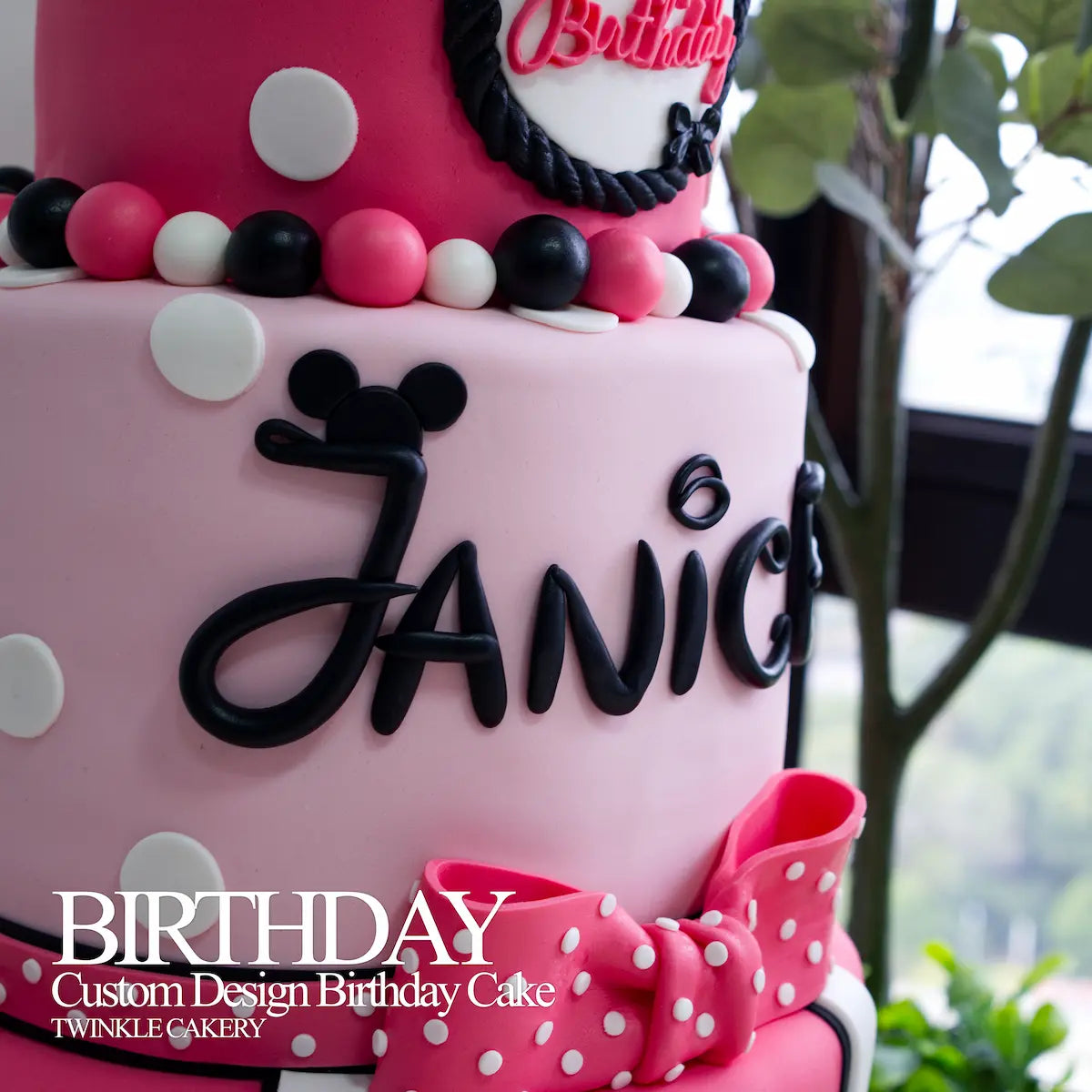 Three-layer Minnie Mouse cake showing birthday message, name, and gift design - delivery Selangor
