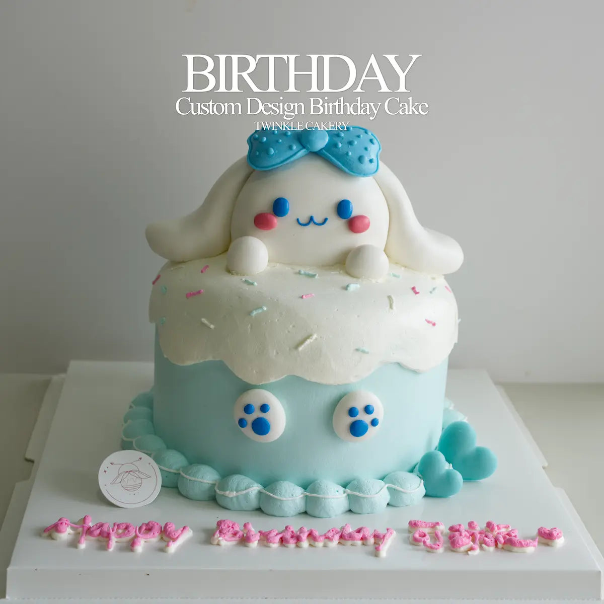 3D Cinnamoroll birthday cake - full fondant sculpture with big blue bow on light blue cake, KL & Selangor delivery