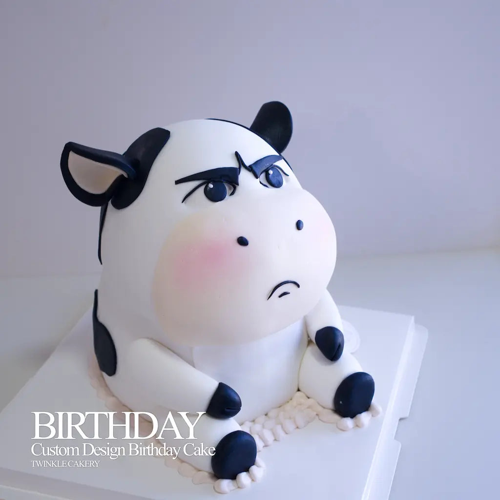 7-inch tall 3D cow birthday cake packaged in a transparent box for delivery in Selangor and Kuala Lumpur
