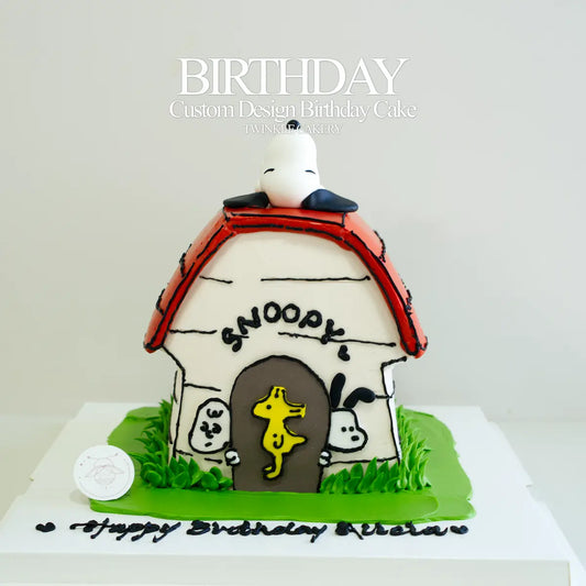 3D Snoopy house birthday cake with Snoopy sleeping on top, signature edible artistry in KL and Selangor.