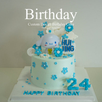 Cinnamoroll birthday cake with blue frosting and floral details - Sanrio character cake KL
