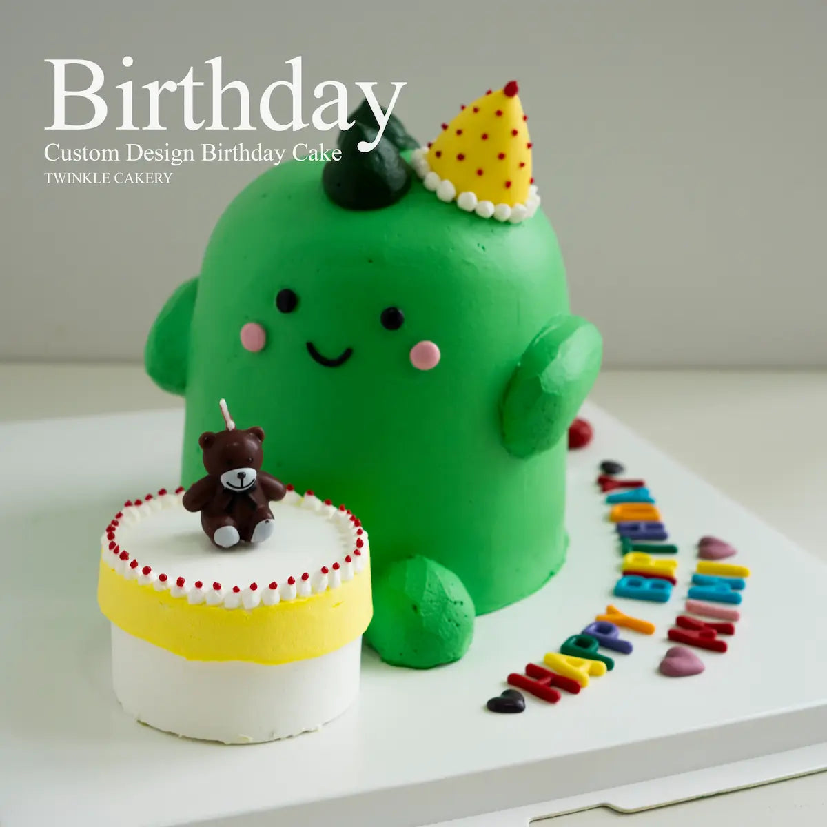 Hand-sculpted 3D Dino birthday cake by Twinkle Cakery with a green buttercream finish and playful dinosaur scales, customized for a kids party delivery in Kuala Lumpur.