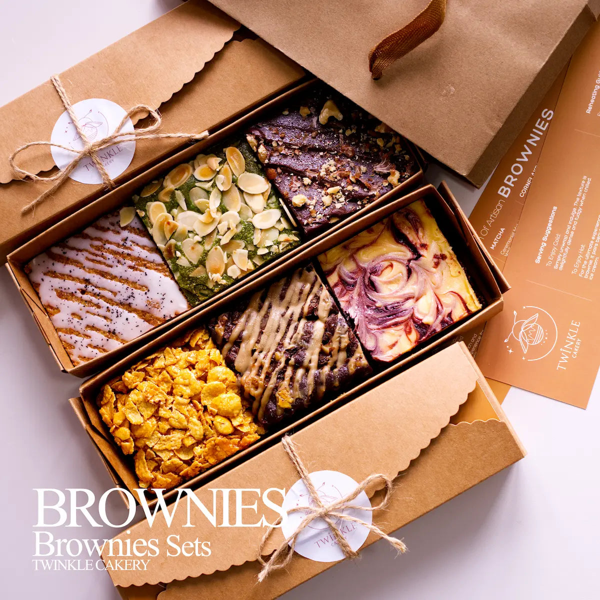 Handcrafted artisanal brownie set in elegant packaging, 100% pork-free and alcohol-free for gifting.