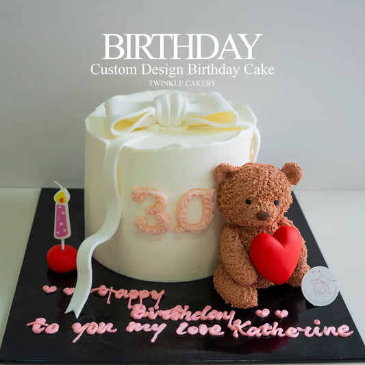 Bear with Love birthday cake - 3D fondant bear hugging a heart romantic cake delivery in Selangor & KL