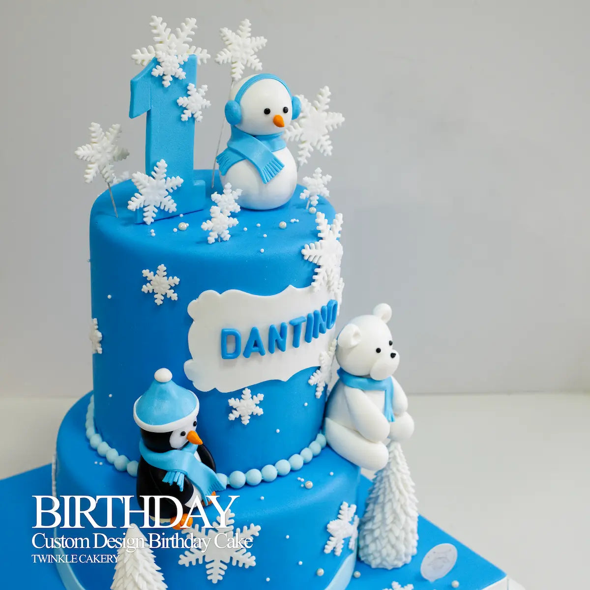 Affordable 2-tier bespoke winter theme birthday cake for kids' parties in Selangor.