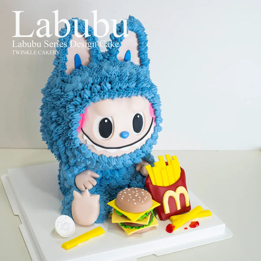 Blue Labubu McDonald's cake in fast food theme birthday party setting. Delivery across Selangor