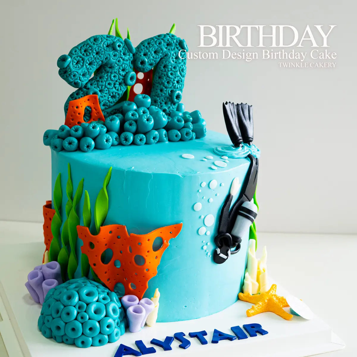 Blue fondant ocean waves and water effects on diving theme cake - delivery across selangor