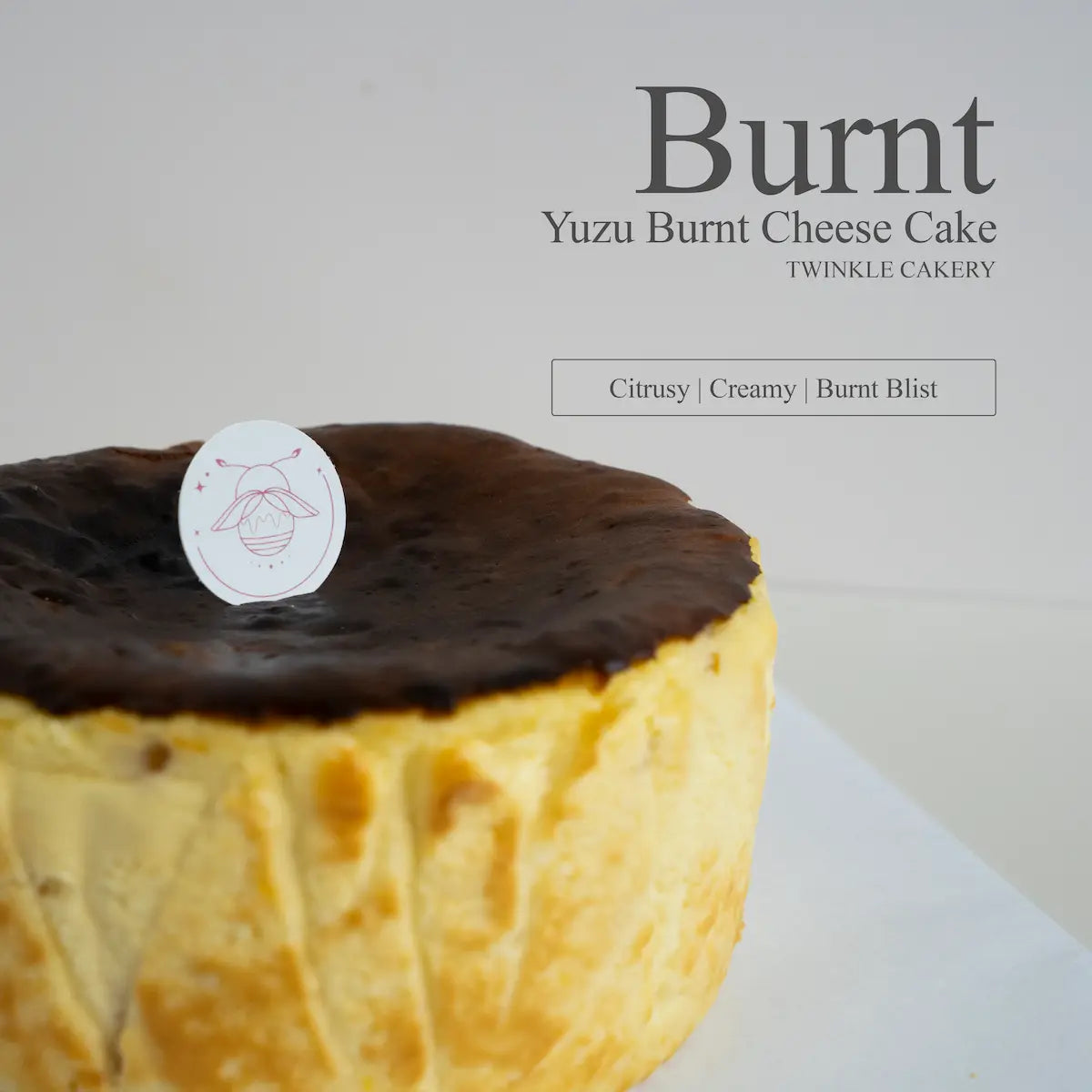 Detailed close up view of the rustic caramelized top on a fondant free yuzu burnt cheesecake.