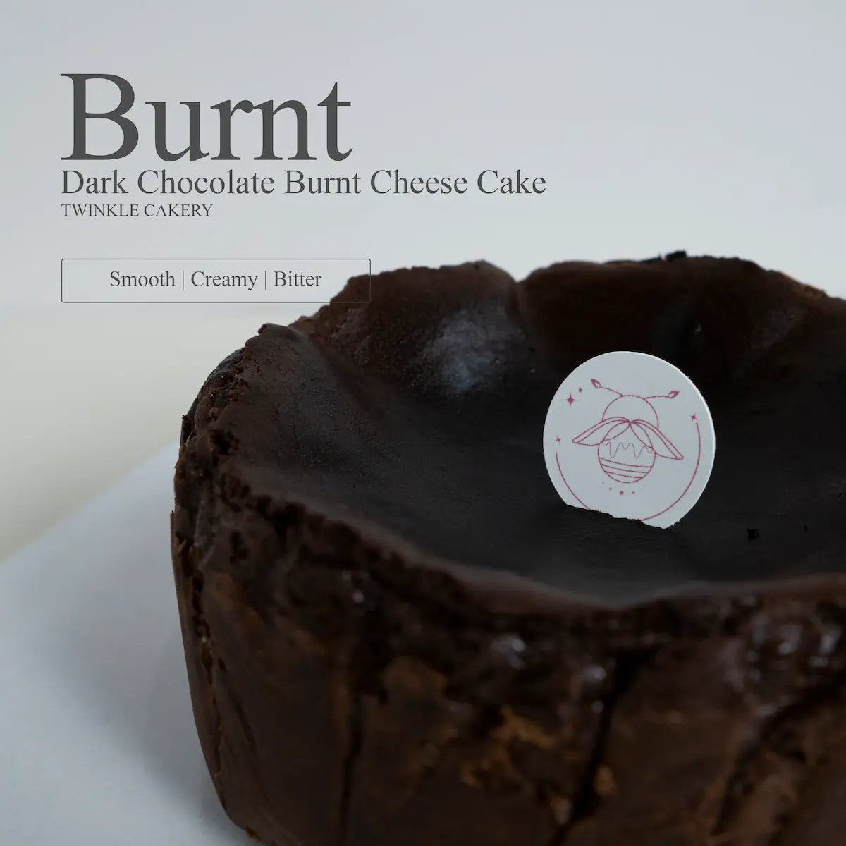 Detailed close up view of the rustic caramelized top on a fondant free chocolate burnt cheesecake.