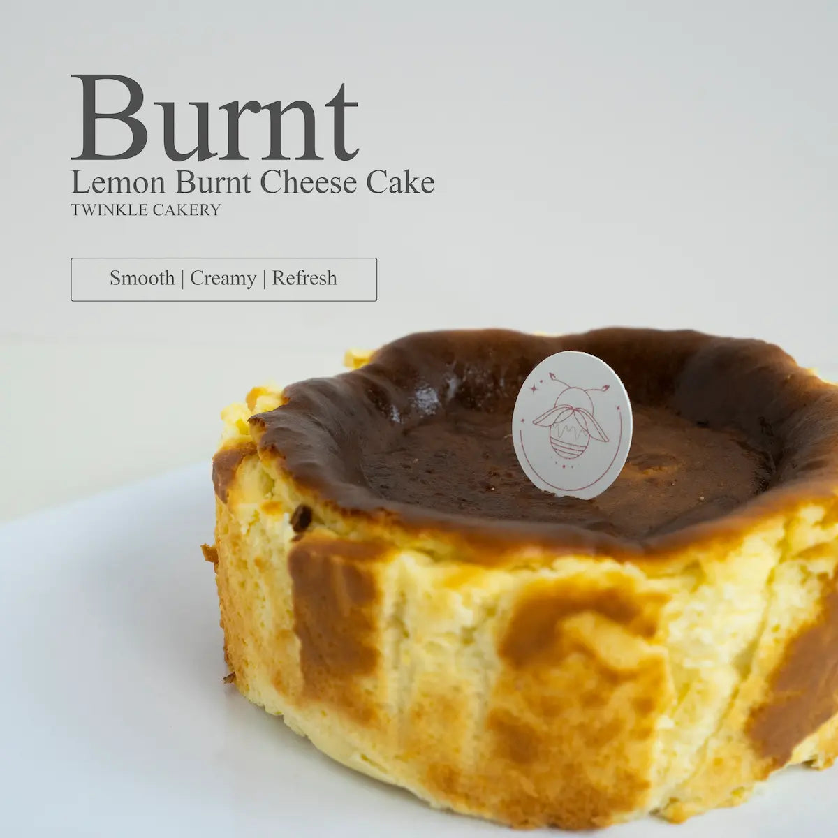 Detailed close up view of the rustic caramelized top on a fondant free lemon burnt cheesecake.
