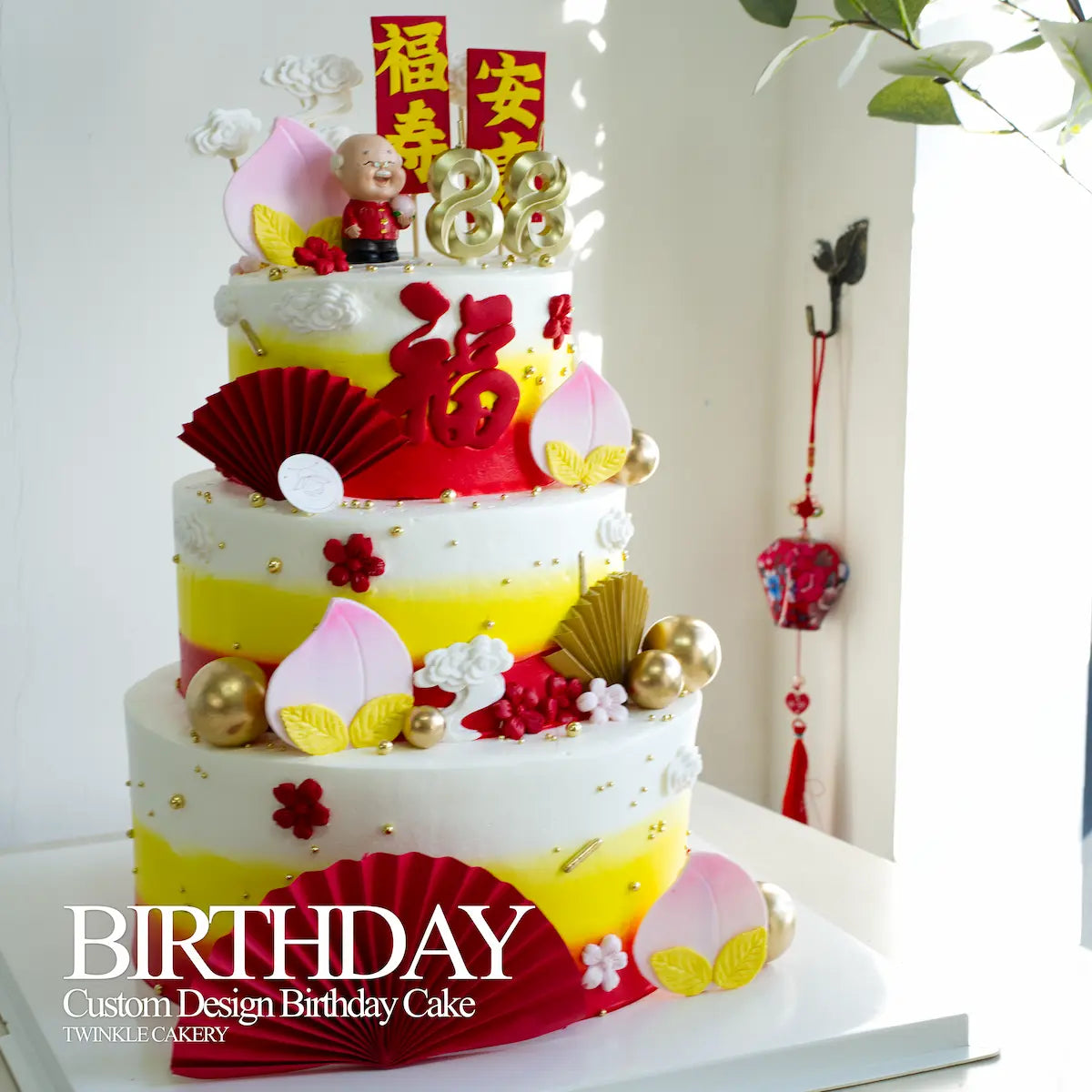 Traditional Chinese 3-layer longevity birthday cake for father with 福 character and peaches, KL Selangor