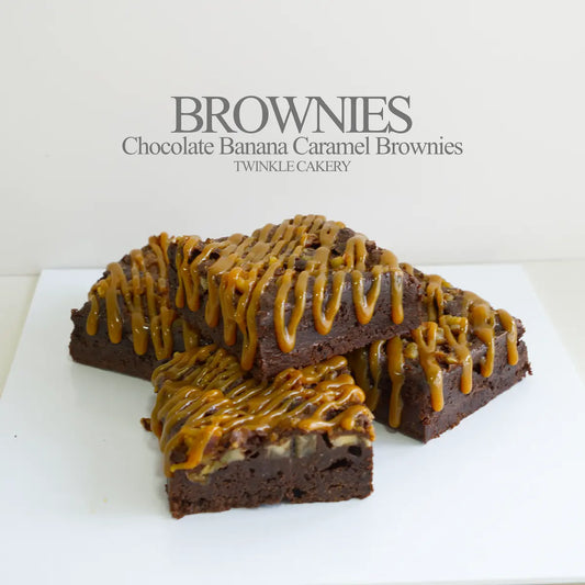 Chocolate banana caramel brownies with visible banana pieces and caramel drizzle - KL and Selangor