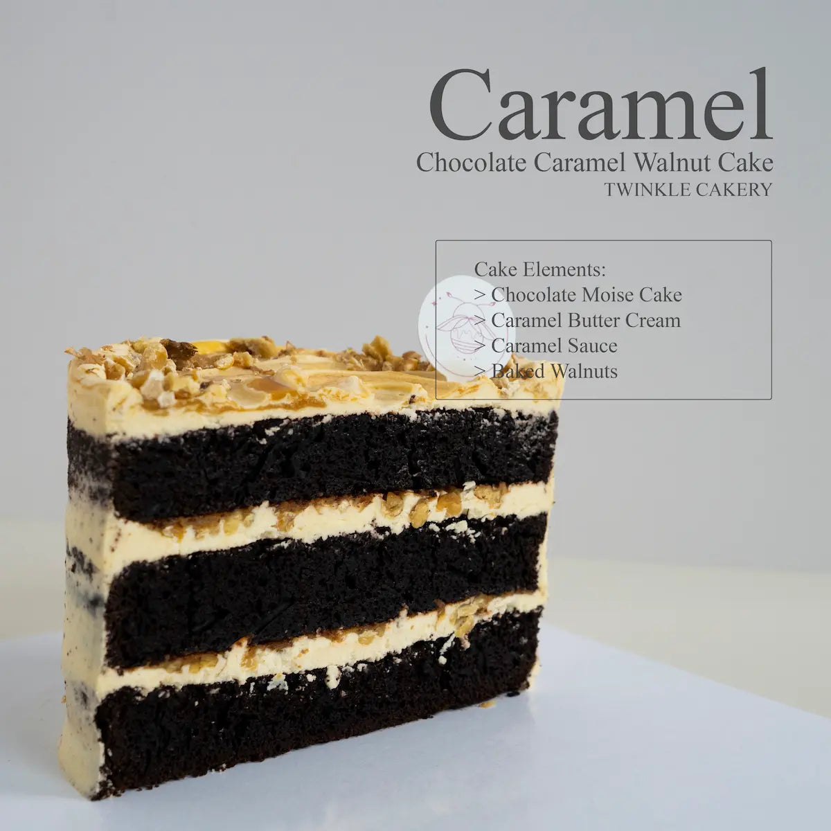 Cross section slice showing signature chocolate moist cake filled with layers of rich sea salt caramel.
