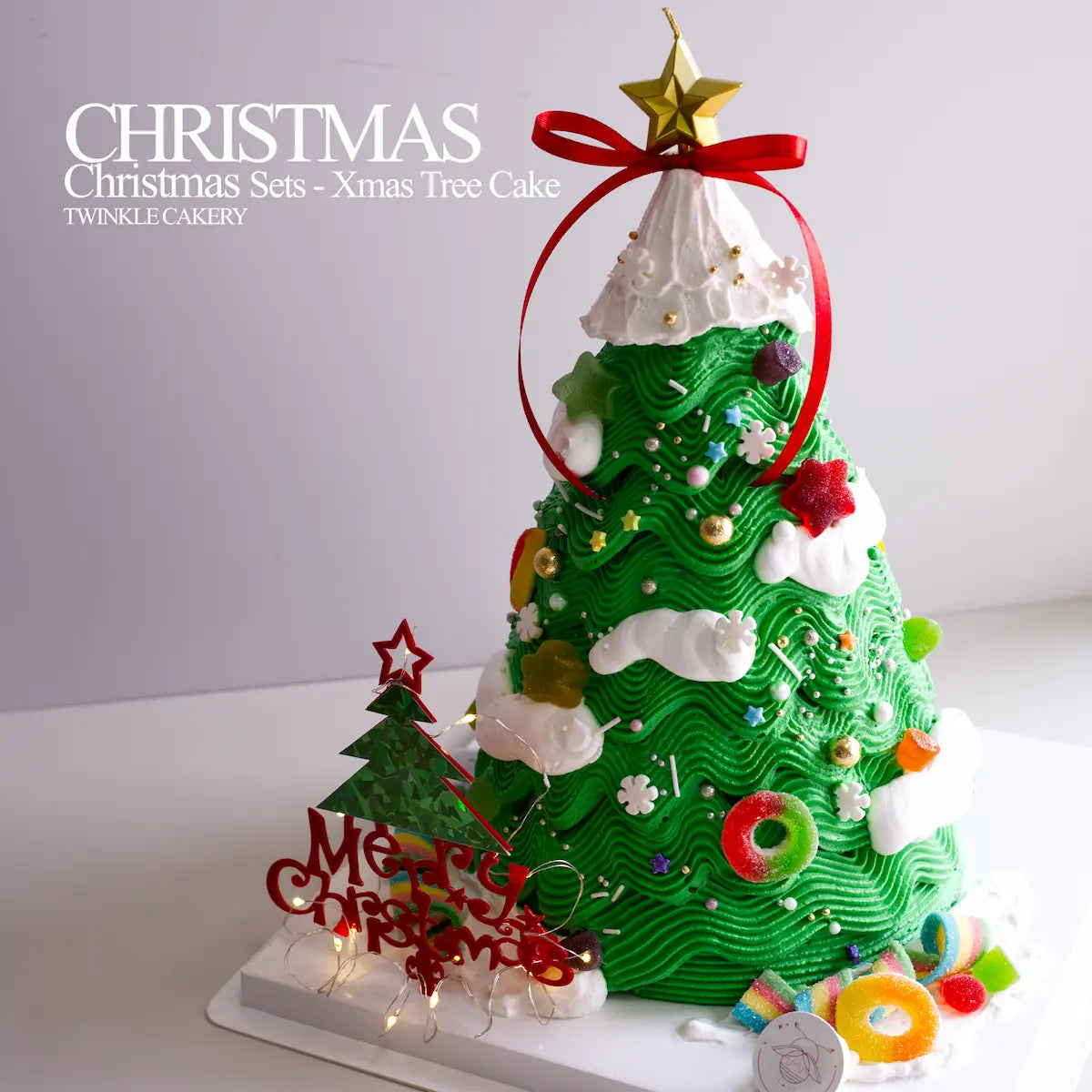 Golden silver candy balls and fresh cream snow on 3D Christmas tree cake - Delivery across Kuala Lumpur