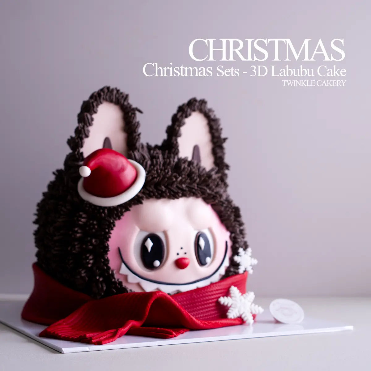 Close-up of Labubu's face with Christmas hat - detailed 3D character cake. Delivery across Selangor & KL