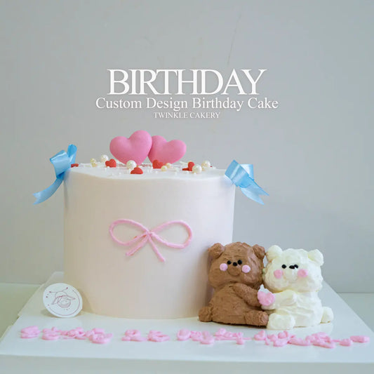 Couple bear birthday cake with two bears hugging and pink ribbon - romantic cake delivery in Selangor & KL