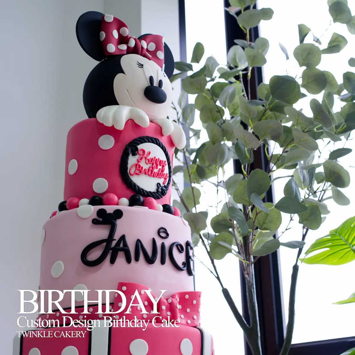 Personalized Minnie Mouse cake with birthday girl's name on middle tier - Delivery across Selangor