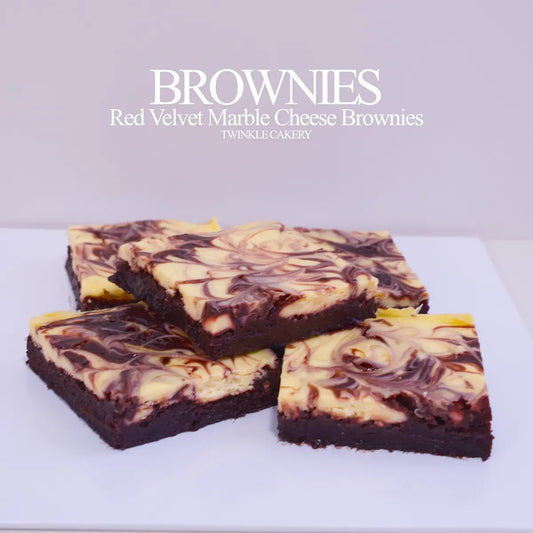 Cut piece of red velvet marble cheese brownie showing interior texture and pattern. Delivery across Selangor