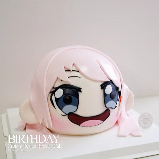 Close-up of a cute, round cartoon version of Musashi-chan from Fate/Grand Order on a 3D cake.