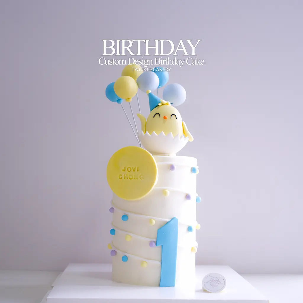 Cute fondant hatching chick 1st birthday cake with name badge by Twinkle Cakery KL & Selangor