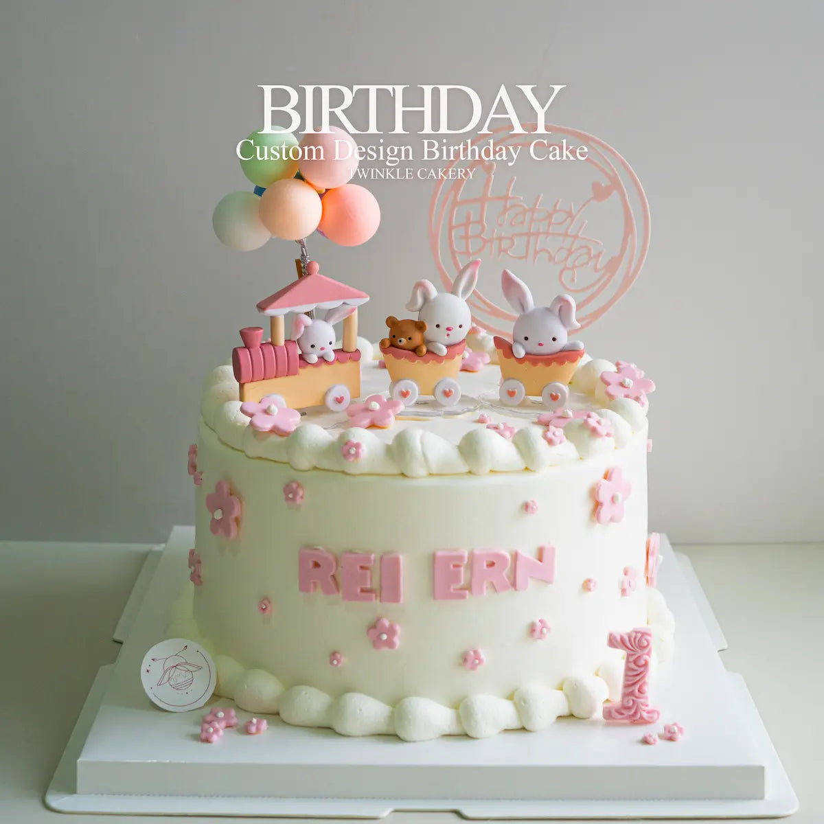 Cute rabbit birthday cake with balloon and flower decorations - kids pink theme cake delivery in Selangor & KL
