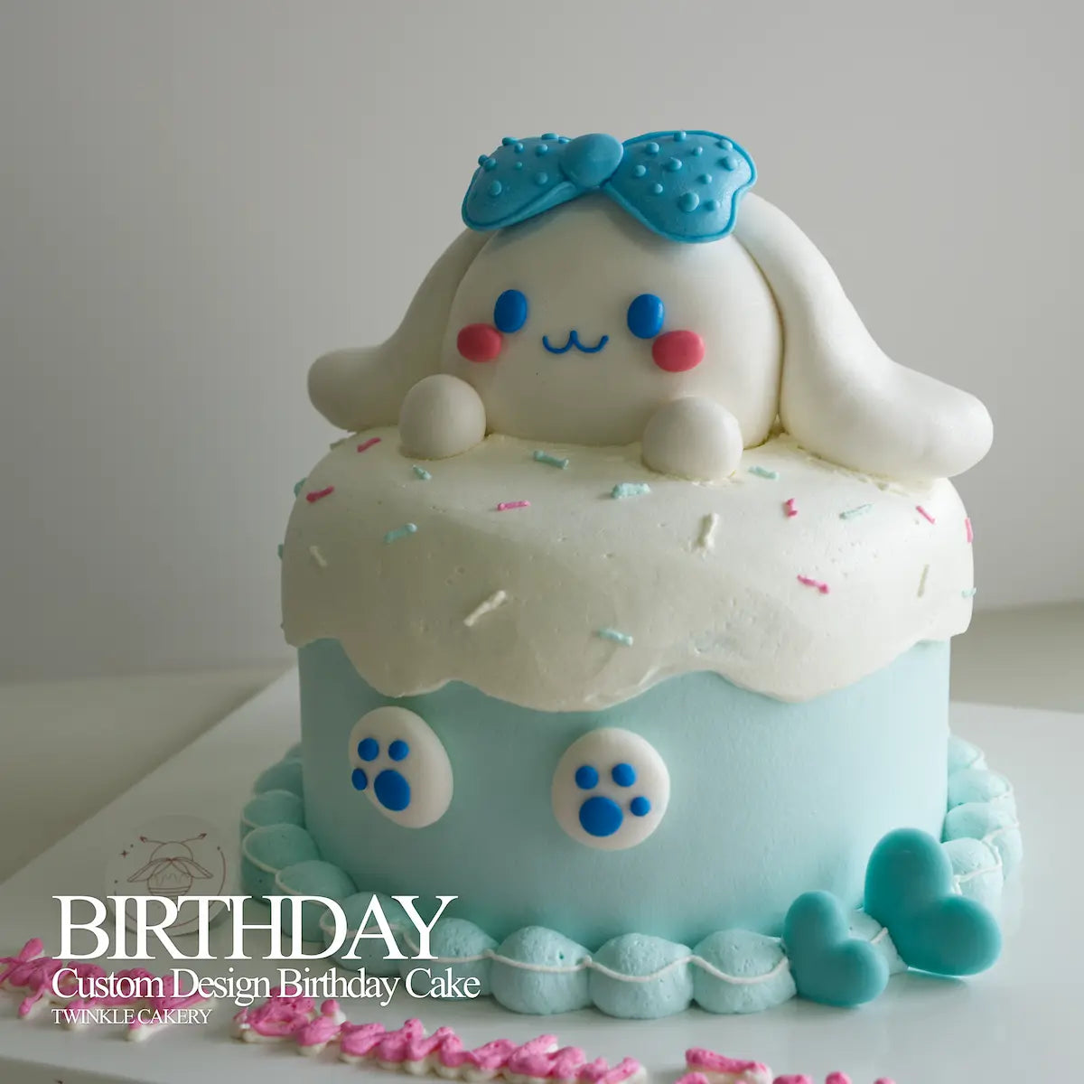 Detail of the soft light blue buttercream cake base for the 3D Cinnamoroll figure. Delivery across Kuala Lumpur
