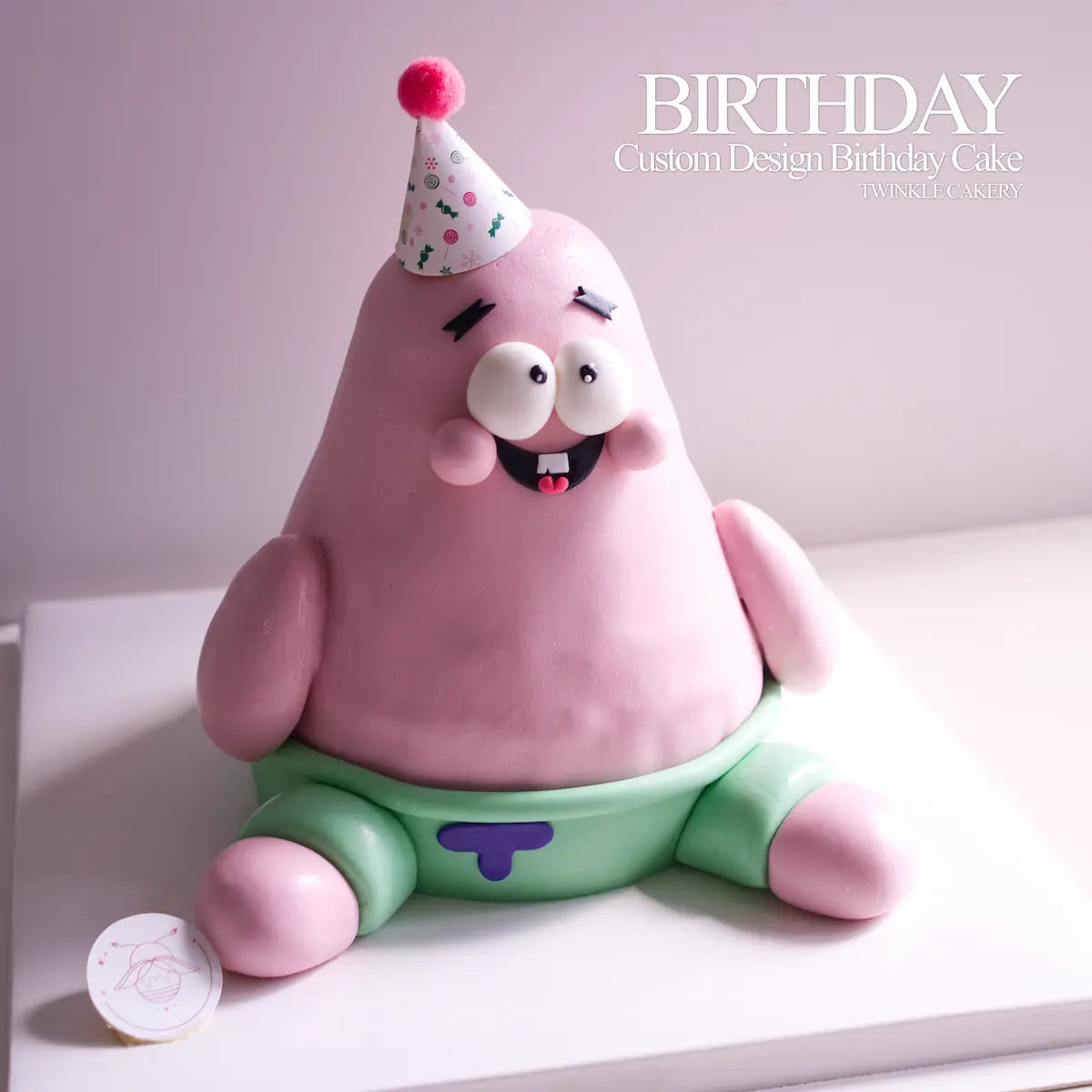 Detailed side view showing custom fondant craftsmanship on 3D SpongeBob Patrick Star cake