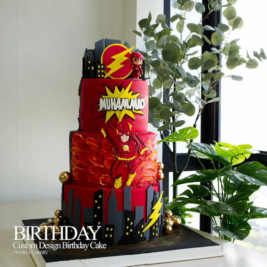 Grand 3-tier dual-theme Batman and The Flash birthday cake for siblings in Kuala Lumpur and Selangor