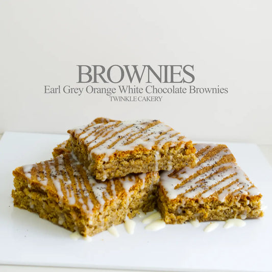 9x9 Earl Grey orange white chocolate brownies pre-sliced into 9 squares by Twinkle Cakery KL Selangor.