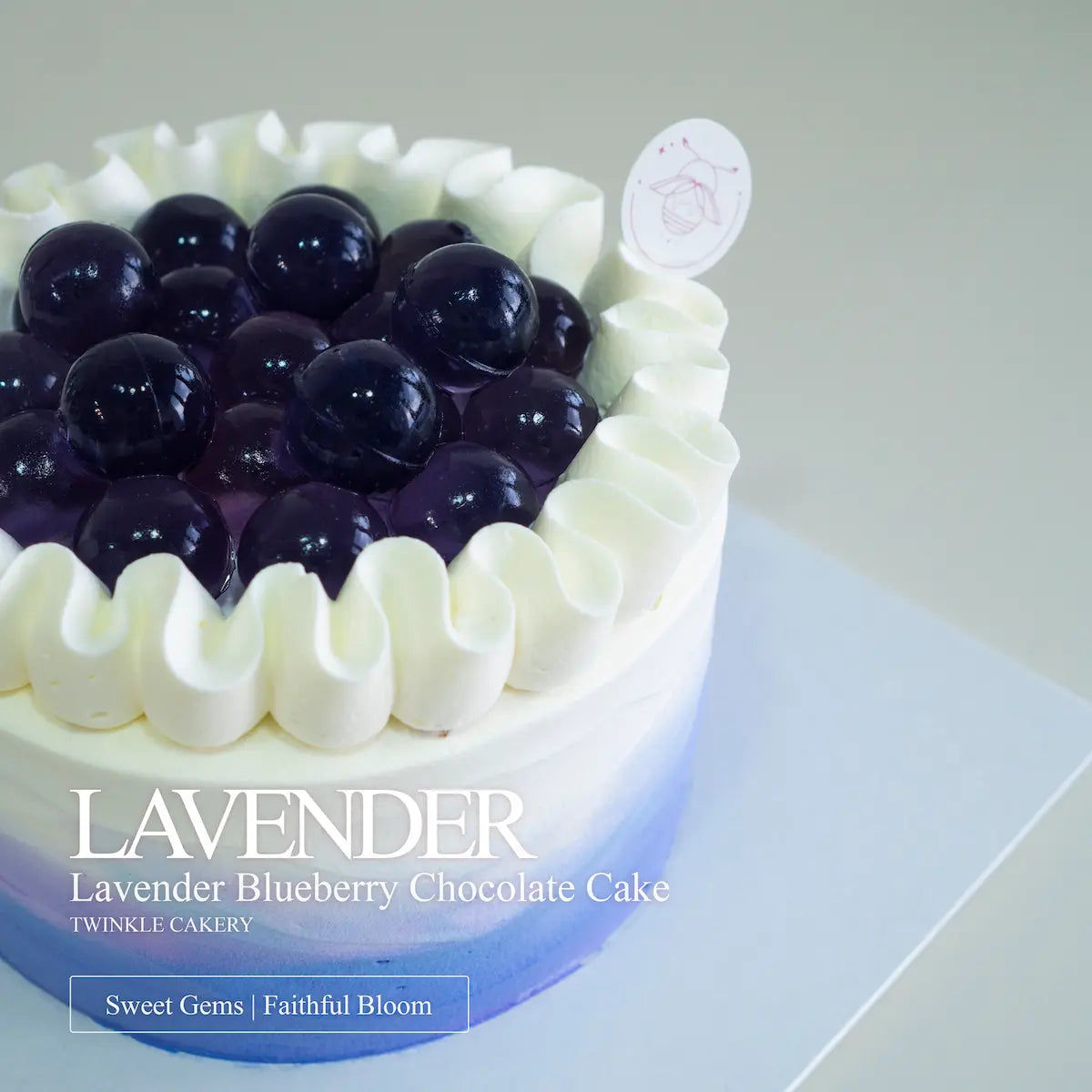 Close-up of translucent lavender jelly balls topping made from real edible dried lavender infusion.