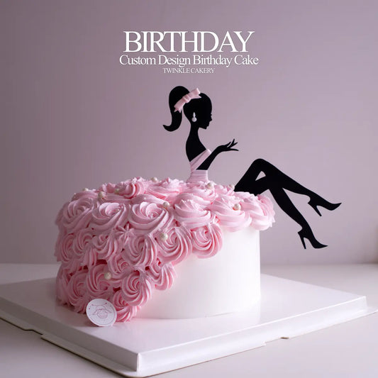Front view of Elegant Lady birthday cake with handmade artistry cake in KL and Selangor.