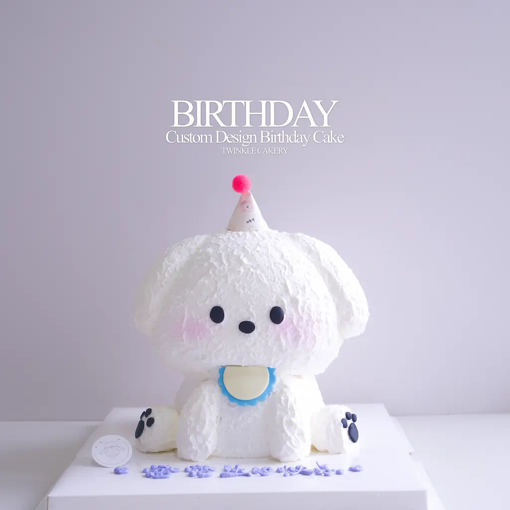 Close-up of fresh cream fur piping texture on 3D white dog birthday cake. Available in Kuala Lumpur and Selangor