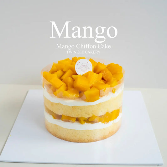 Fresh mango vanilla chiffon naked cake topped with real mango cubes by Twinkle Cakery KL.